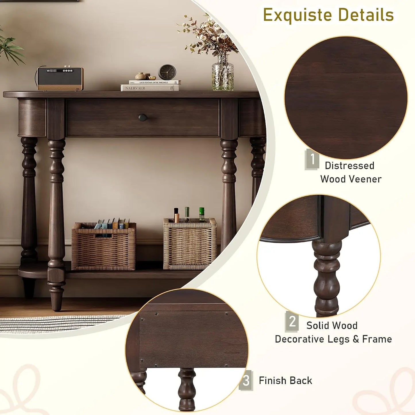 Small Curved Console Table 36-Inch Retro Farmhouse Entryway Sofa Table with Drawer & Storage Shelf for Entry, Customized
