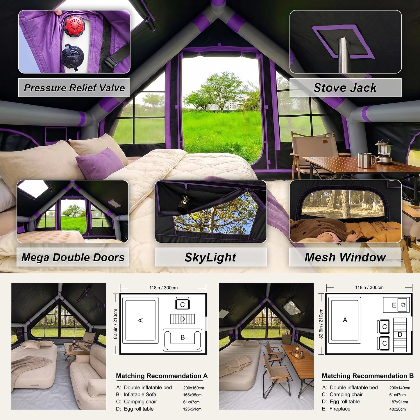 SENLEETO 67.8 SqFt Inflatable Camping Tent for 2-3 Person with Stove Jack,Black Coating Easy Setup Blow Up Tent with Skylight AC Vent Mesh Window