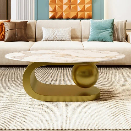 Modern Oval Coffee Table With Marble Pattern Sintered Stone Top Gold Base
