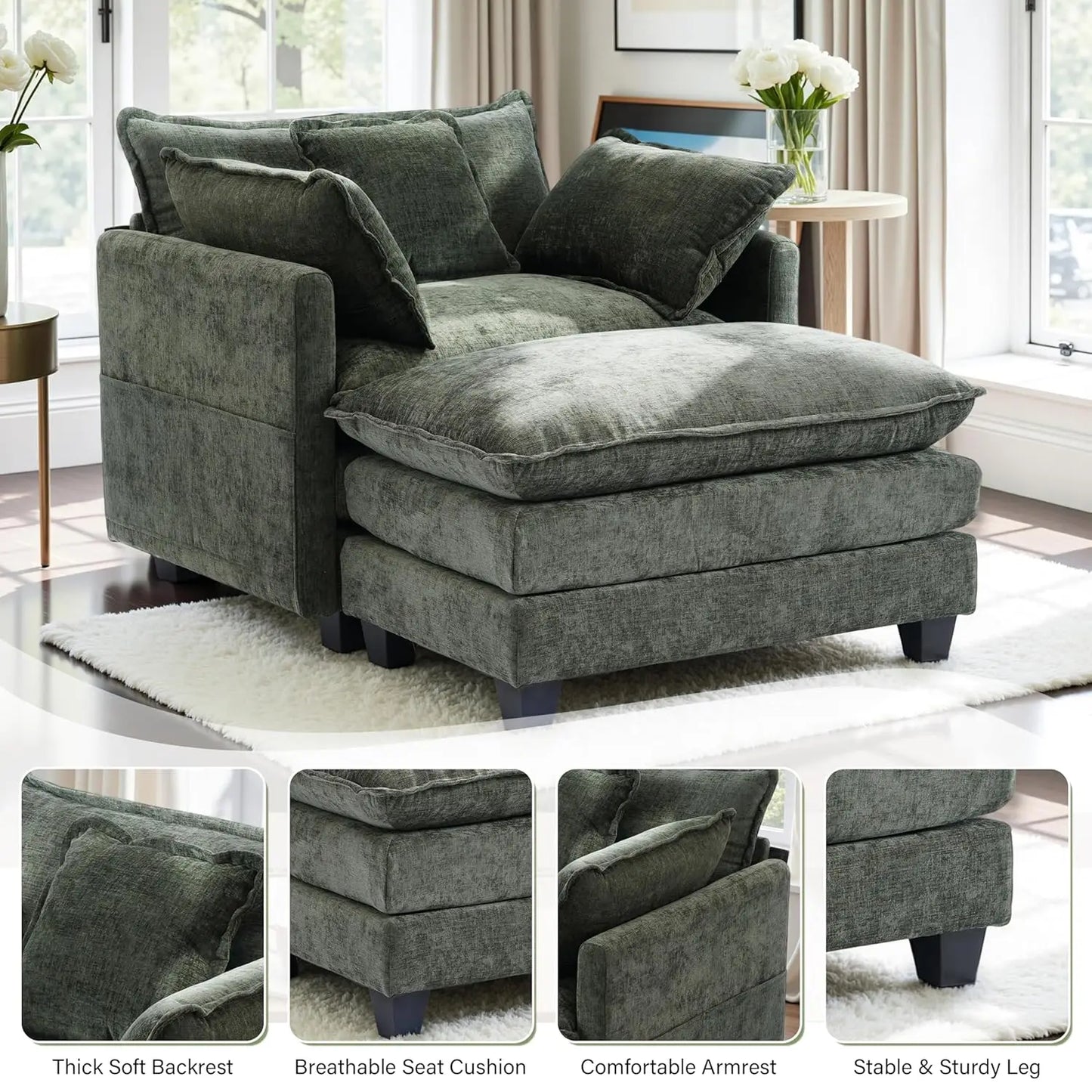 Chenille Oversized Chair with Ottoman - 40" W Comfy Accent Chair and Ottoman Set, Large Cloud Sofa Armchair with, Customized
