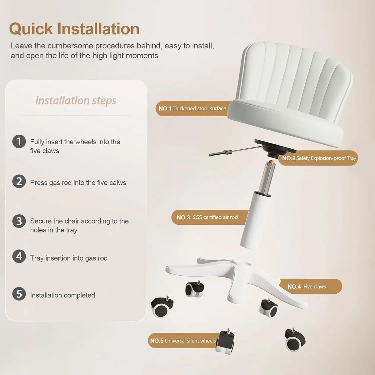 Small Round Armless Rolling Desk Chair Height Adjustable Swivel Vanity Seat