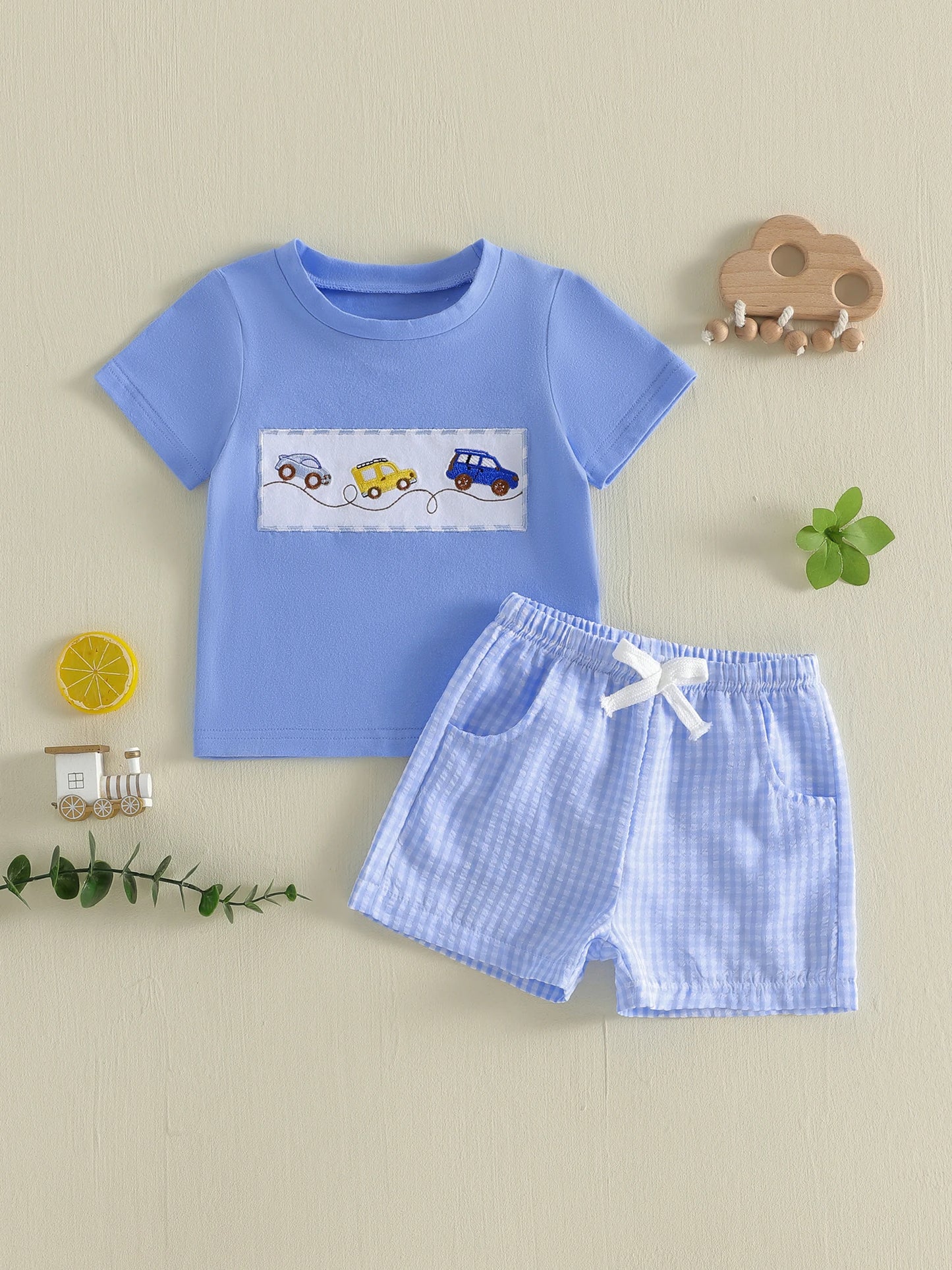 Boys Summer Outfit Set with Short Sleeve Car Embroidered O Neck Top and Plaid Shorts for a Stylish Look