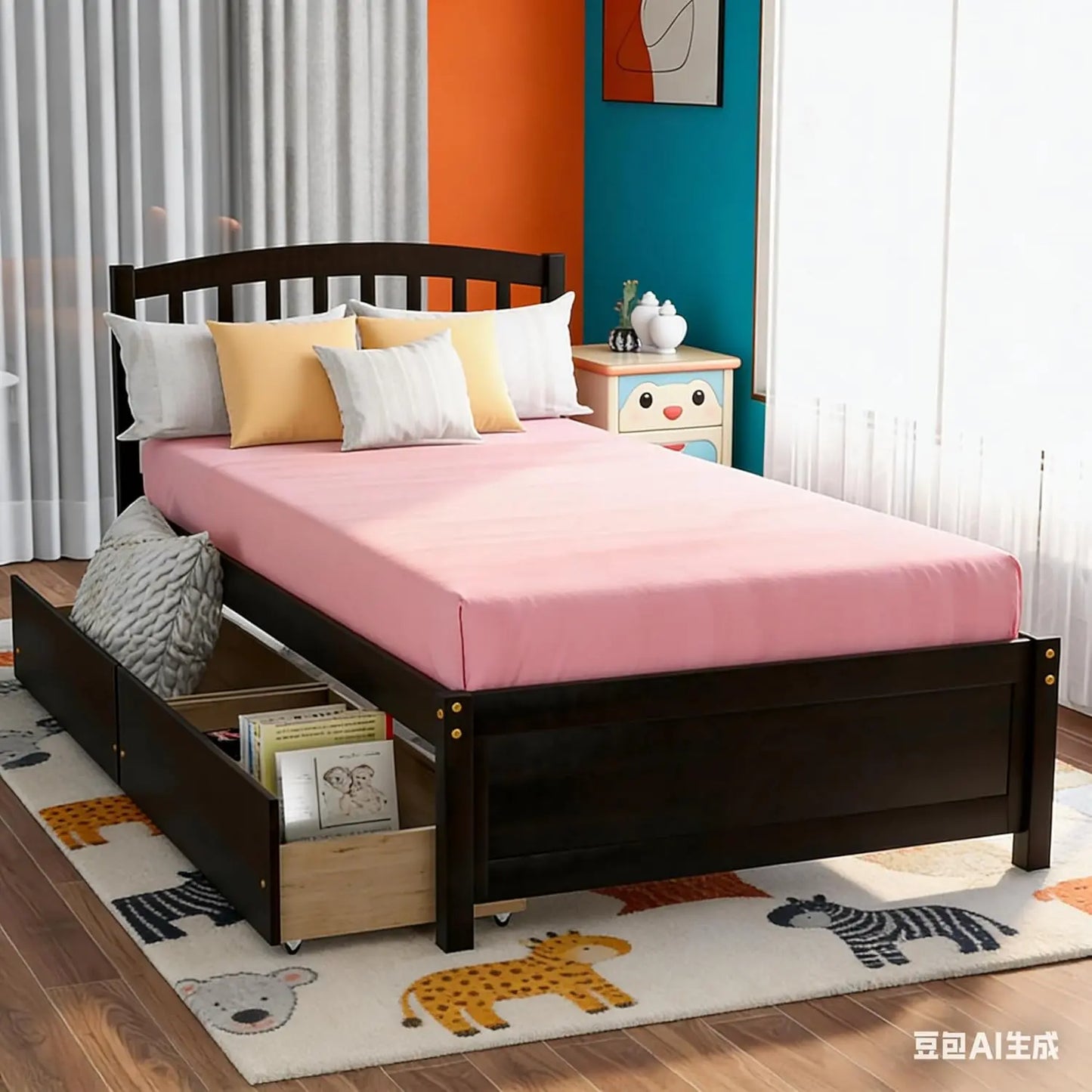 Twin Wood Platform Bed Frame with Storage Drawers Headboard Walnut, Customized