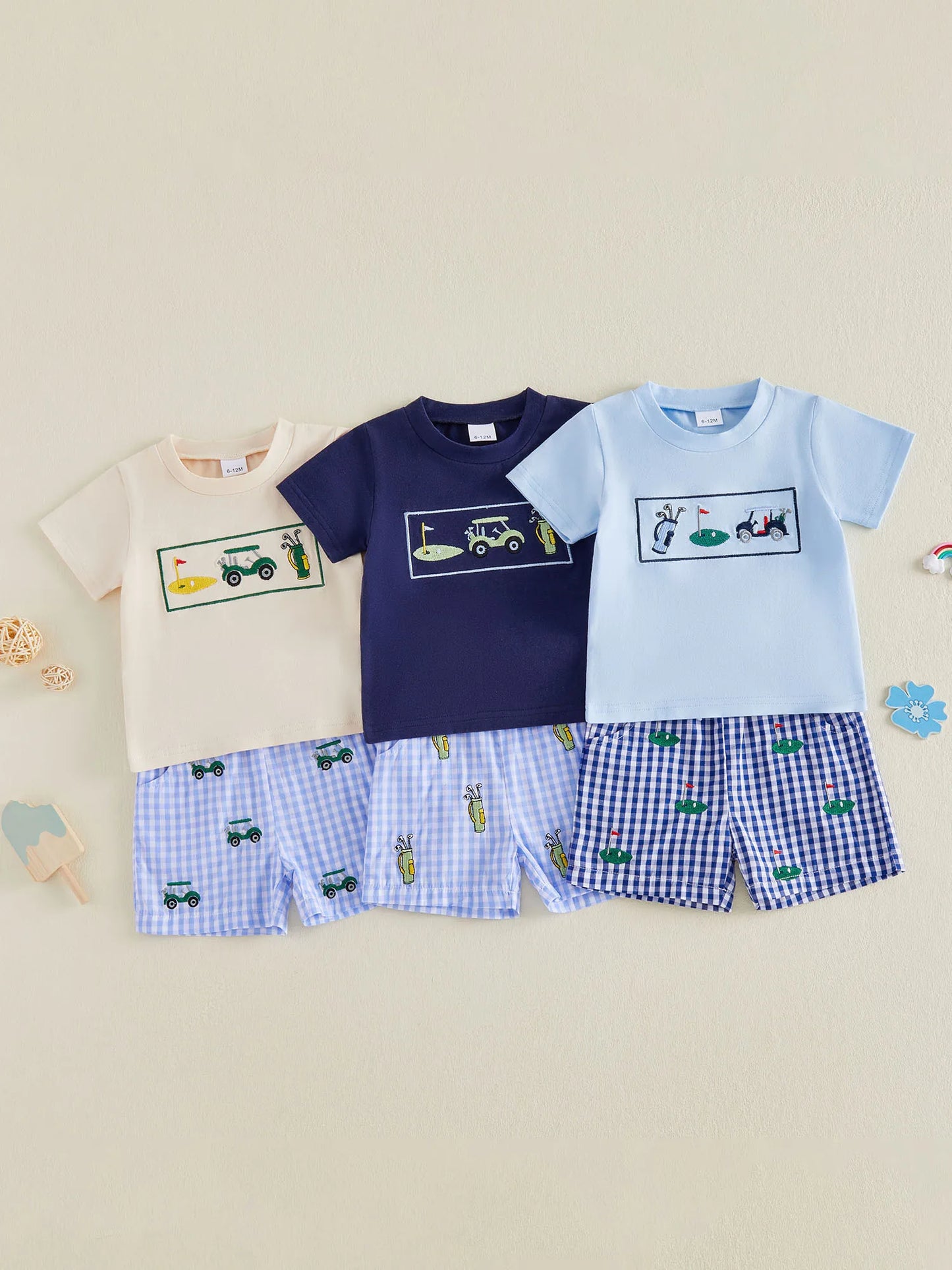 Boys Summer Outfits with Cute Animal Embroidery Short Sleeve T-Shirts and Elastic Waist Plaid Shorts 2Pcs Clothing Set for