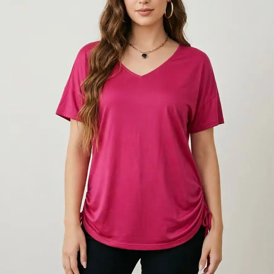 Plus size spring and summer rose pink V-neck drawstring T-shirt loose slimming short sleeve top side drawstring adjustable casual T-shirt