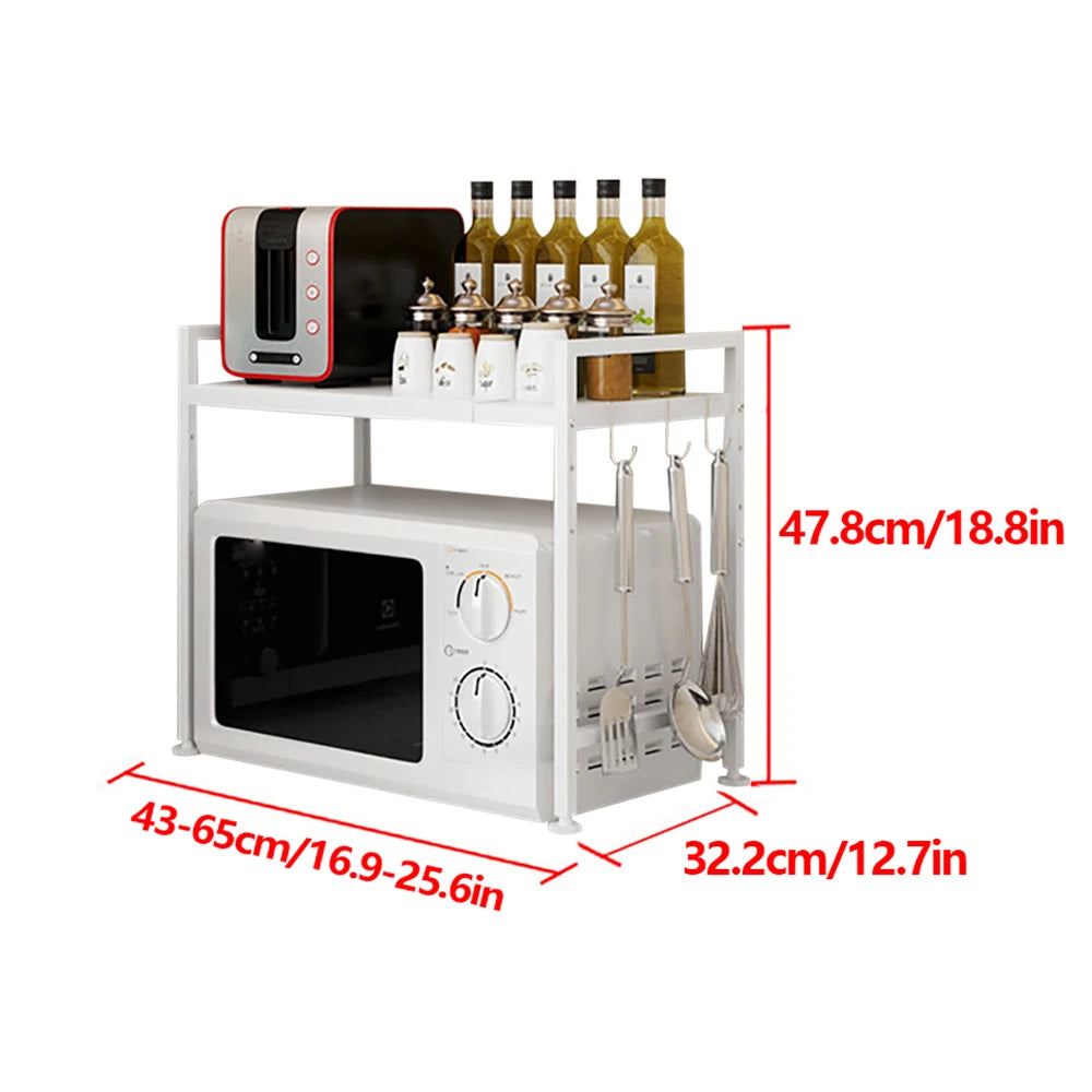 2 Tier Kitchen Countertop Organizer W/3 Hook Expandable Kitchen Organization Spice Storage Microwave Rack Countertop Organizer