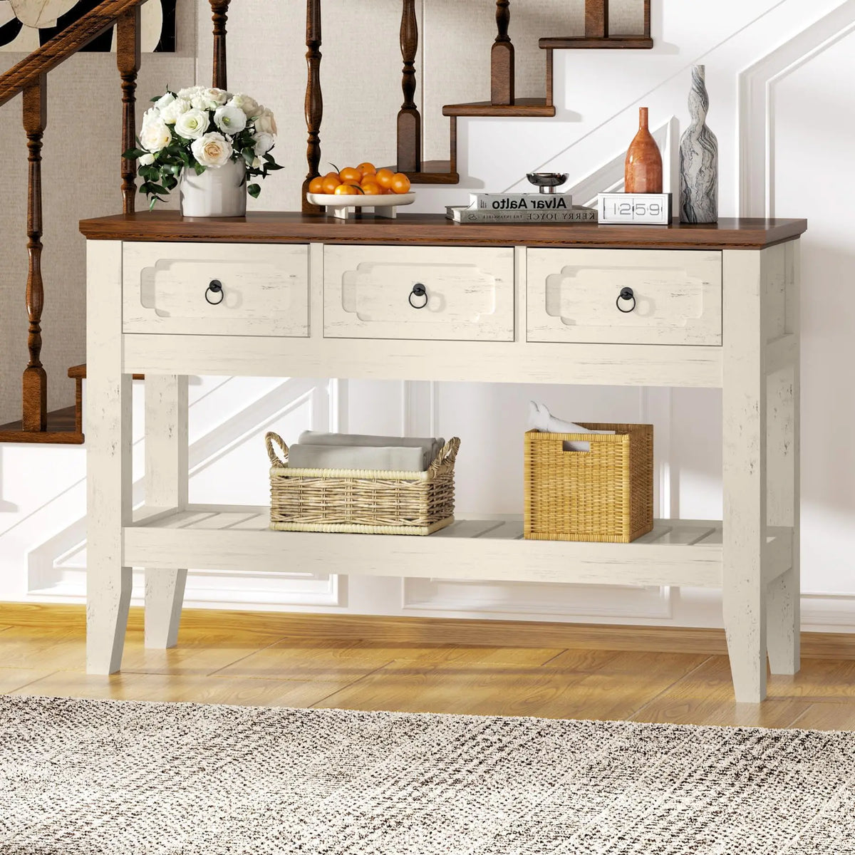 Farmhouse Console Table With Drawers Rustic Wood Entryway Table