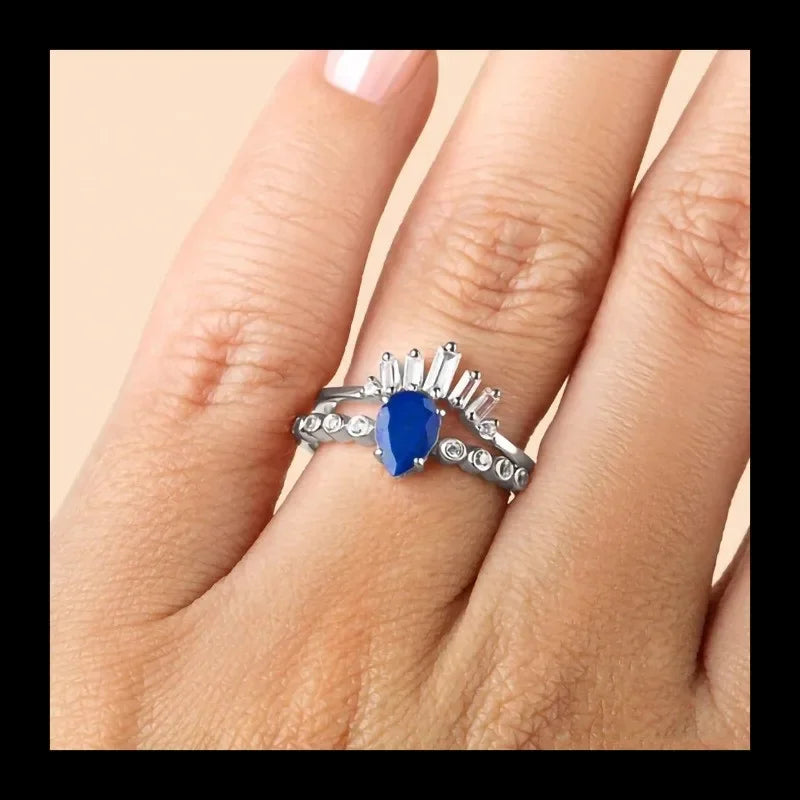 Silver Water Drop Sapphire Micro Zircon Double Ring Niche Design about Light Luxury Exquisite Jewelry