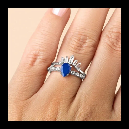 Silver Water Drop Sapphire Micro Zircon Double Ring Niche Design about Light Luxury Exquisite Jewelry
