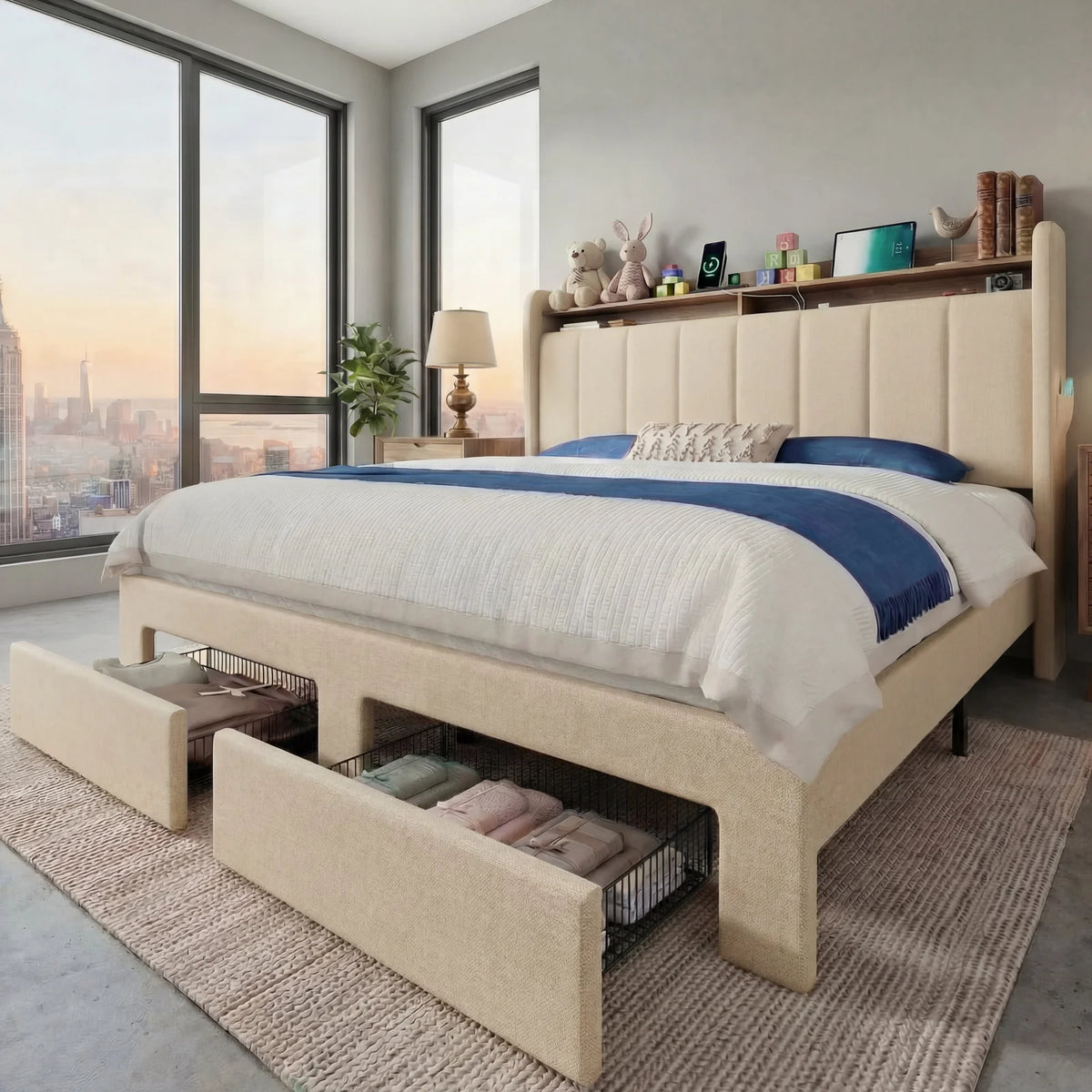 Hoomic Platform Bed Frame With Storage Drawers Led Lights Charging Station