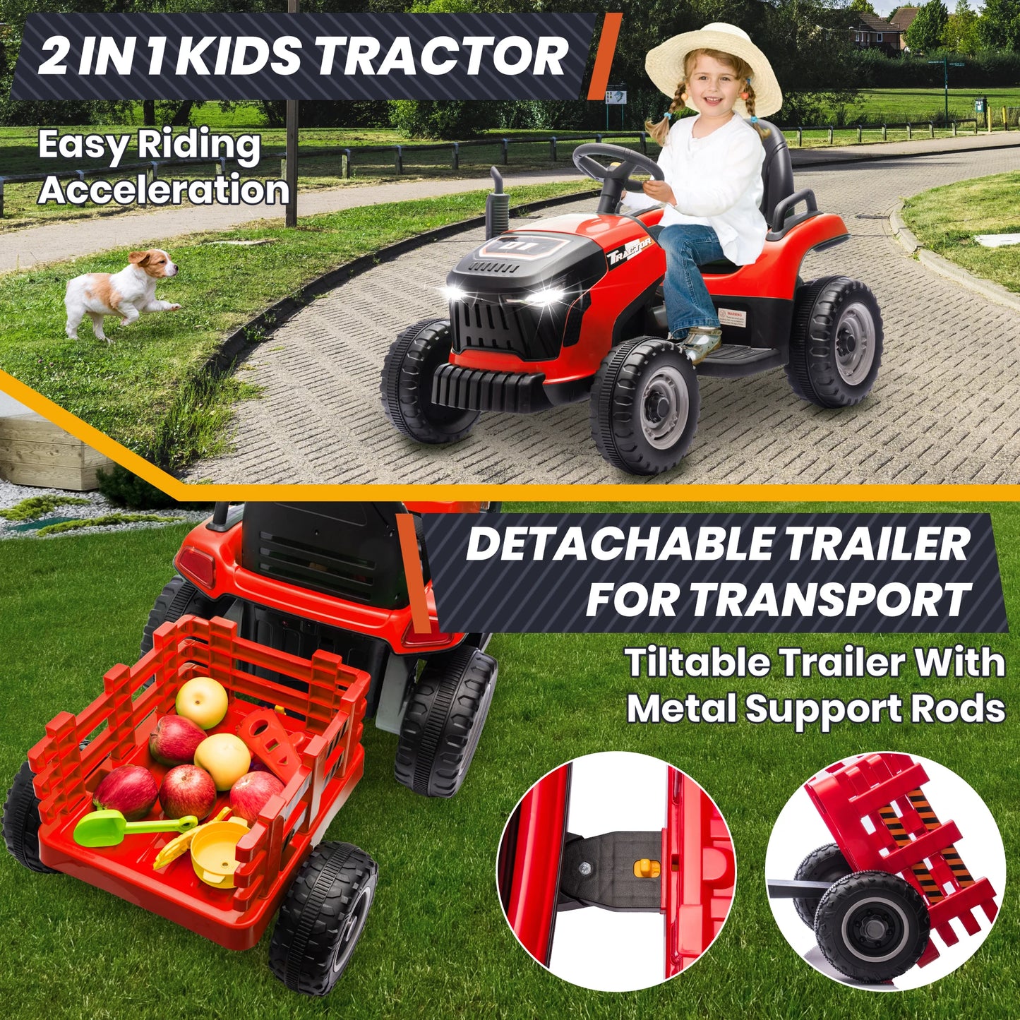 24V Kids Ride On Tractor w/400W Motors, 2-IN-1 Power Tractor Wheels w/Remote Control, Tiltable & Detachable Trailer, Adjustable Seat, Music, 24Volt Ride On Toys Electric Tractor for Kids