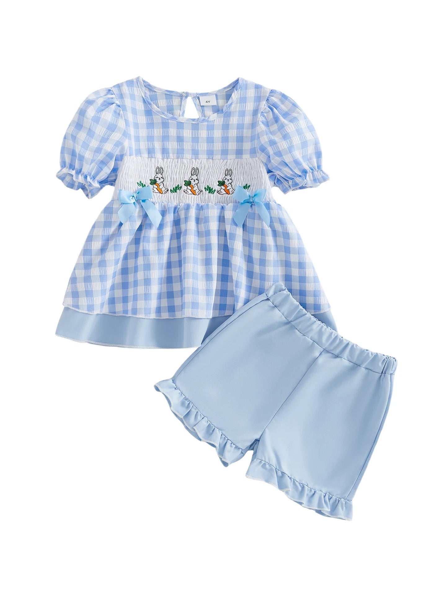 Adorable Girls Easter Outfit Set with Bunny Embroidery Plaid Shorts and Round Neck Top - Fashionable 2 Piece Ensemble