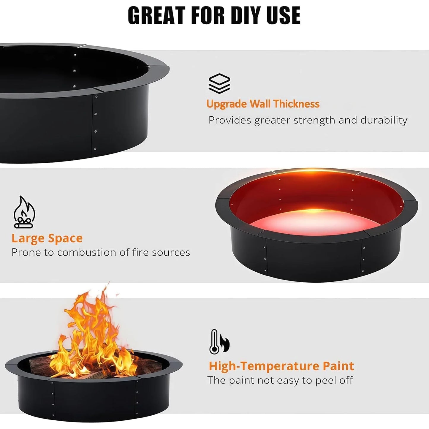 Round Fire Pit Ring 48/60 Inch, Carbon Steel Outdoor Campfire Ring With Vent Holes For Firewood Garden Patio Camping