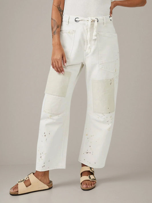Women's White Loose Straight Leg Spliced Wide Leg Jeans with Drawstring and Pocket, Fashionable Casual Jeans Suitable for Daily
