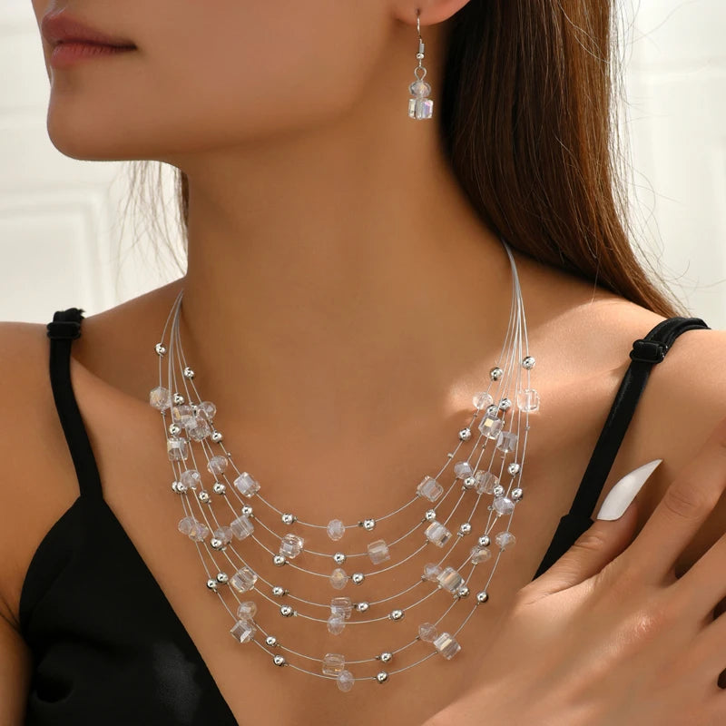Bohemia Necklace Earrings Set For Women Square Crystal Beads Jewelry Sets Multilayer Choker Necklace Women Jewelry Set