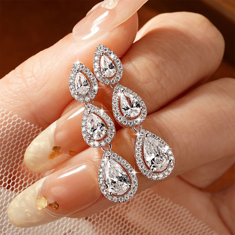 OXTAO 3-Stone Pear Cut 5A CZ Halo Drop Earrings for Women Girl Birthday Party Gift D VVS1 for Women Tassel Moissanite Dangle Earrings 14K Gold Filled
