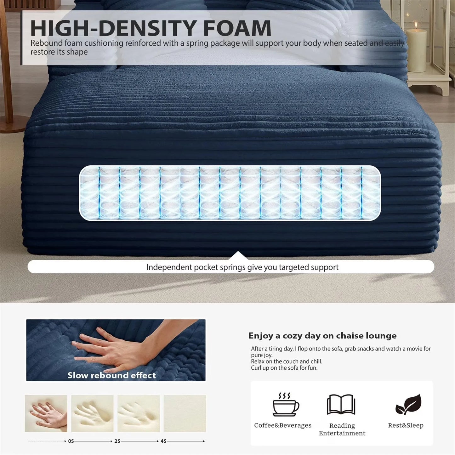 66" Oversized Chaise Lounge Chair Corduroy Oversized Boneless Couch Sofa Bed Reading Chair Sleeper Chaise with 3 Pillows, Blue