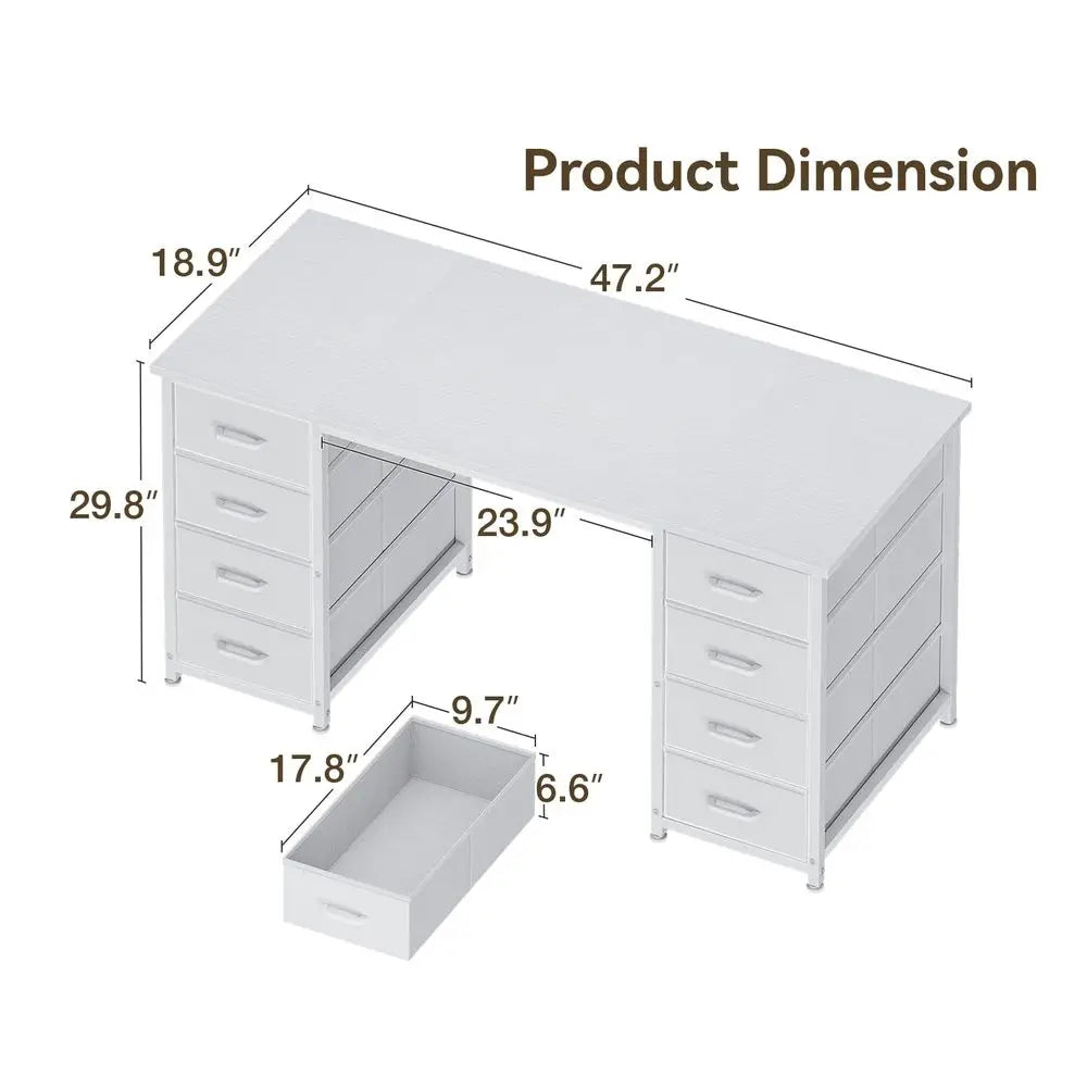 48 Inch White L Shaped Computer Desk with 8 Fabric Drawers for Home Office