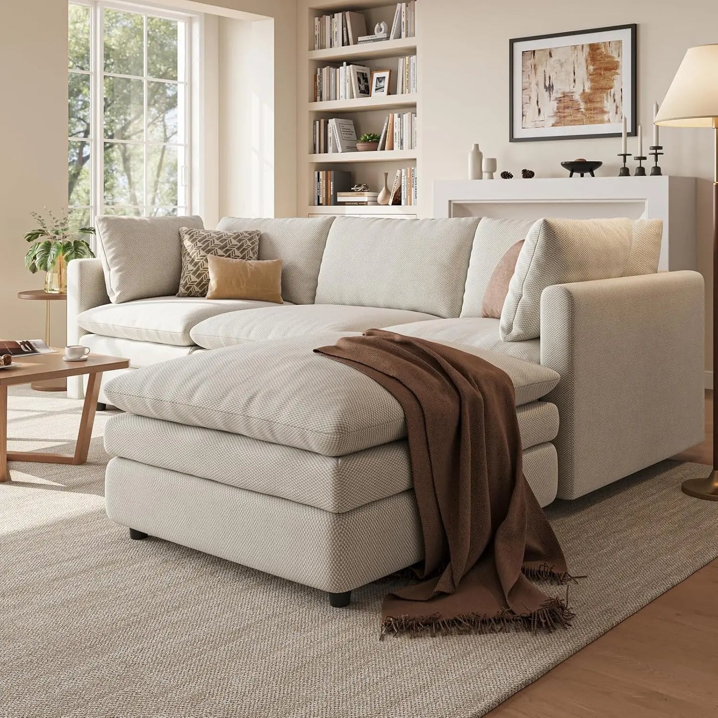 97" Modular L-Shaped Cloud Sofa, 29.1" Deep Seat & Movable Ottoman for Living Room, Custom