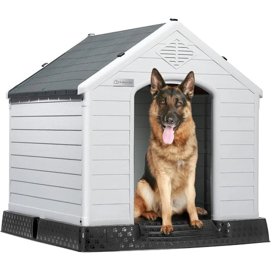 Durable Waterproof Plastic Dog House for Small to Large Sized Dogs, Indoor Outdoor Doghouse Puppy Shelter with Elevated