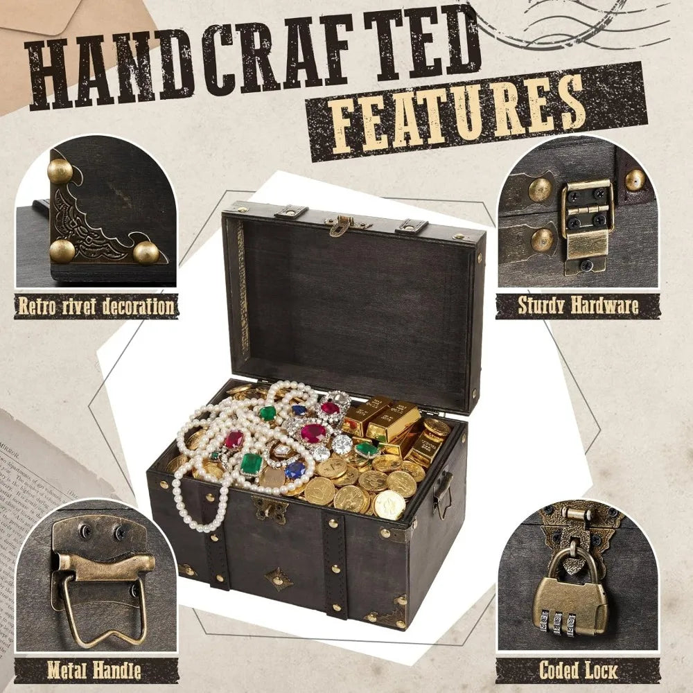Wooden Pirate Chest 2-Size Set Combo-Lock Handmade Vintage Keepsake Jewelry Box