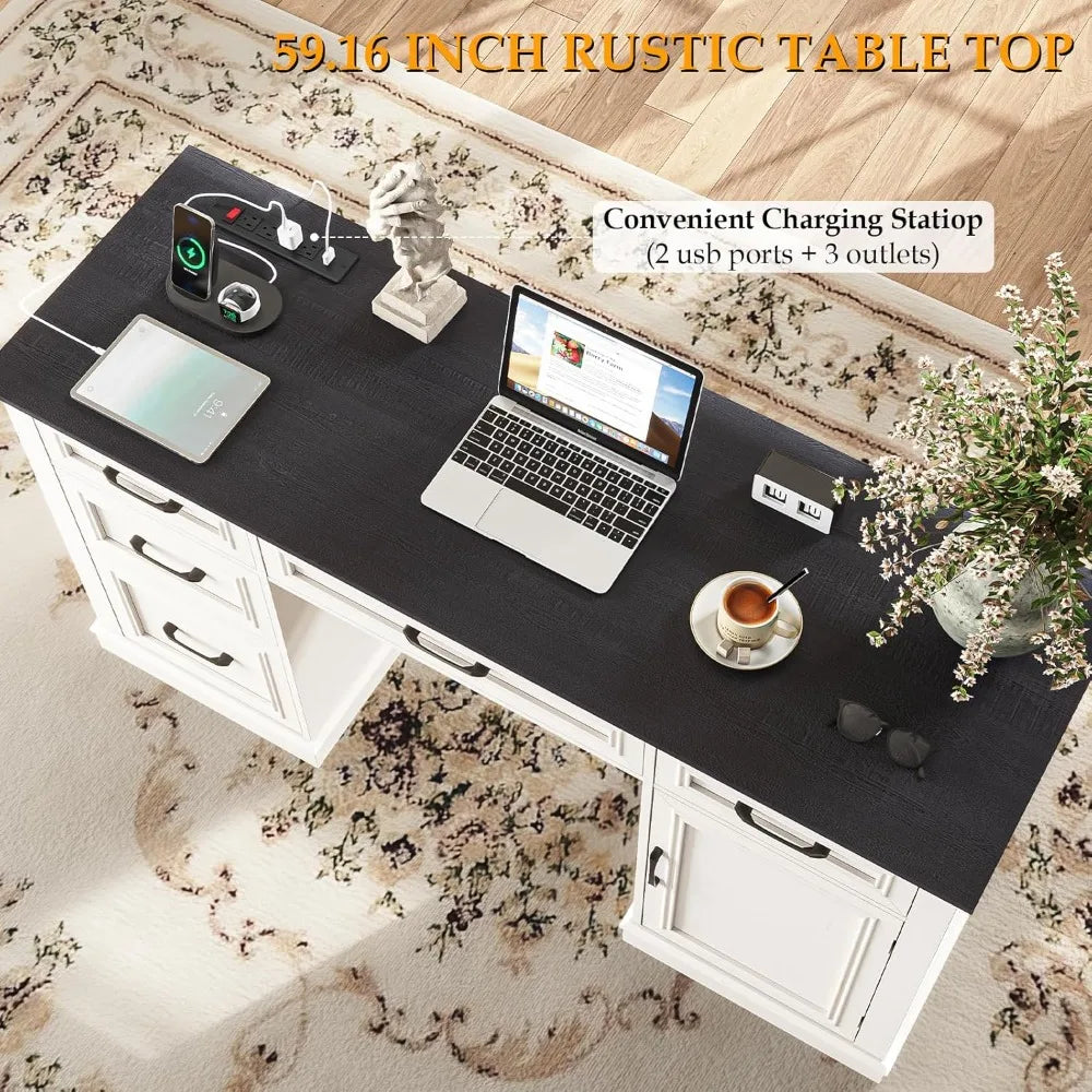 Farmhouse 59'' Executive Desk with Charging Station,Office Desks Computer Desk with 5 Drawers, Wood Workstation for Home Office