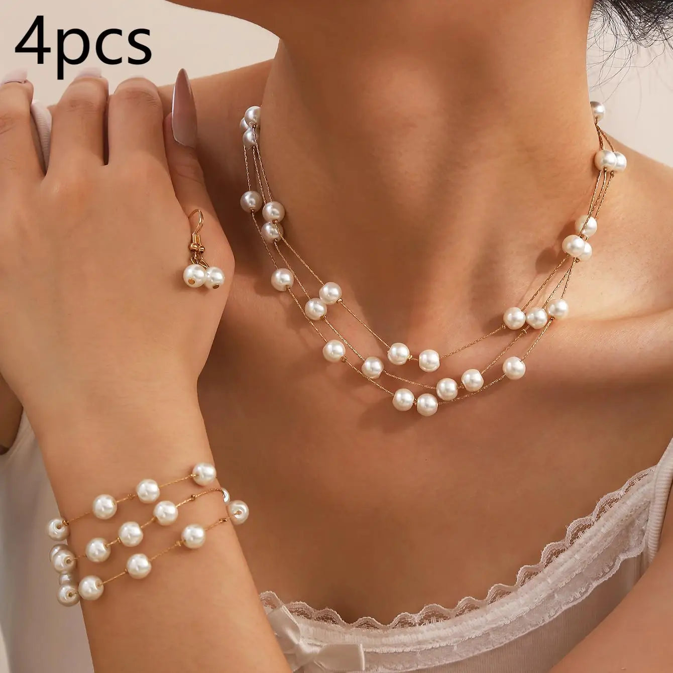 Elegant Fashion Multi-layer Stacked Imitation Pearl Necklace+Bracelet+Earrings Women's Jewelry Set Perfect Daily Party Wear Gift
