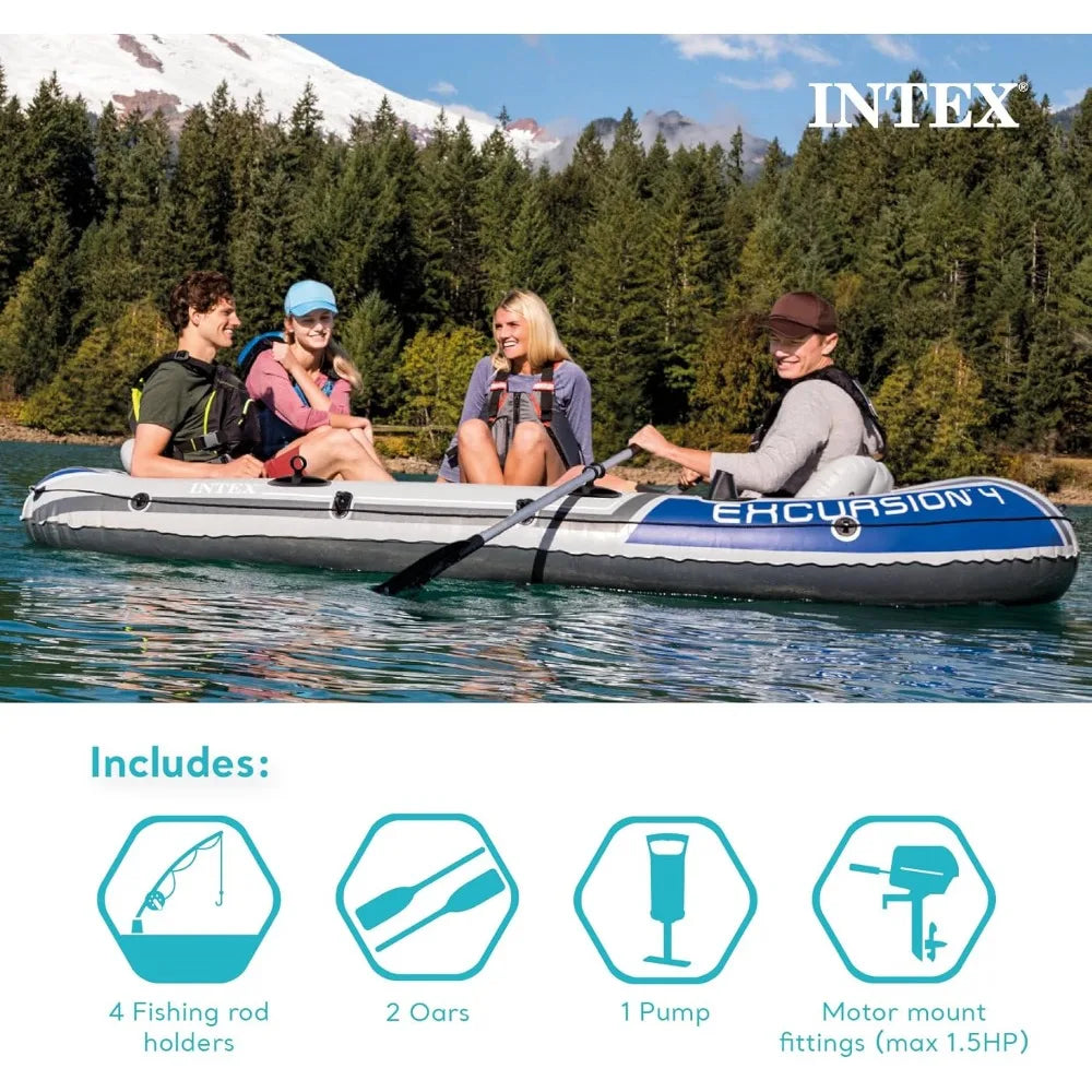 Excursion 5 Person Inflatable Outdoor Fishing Raft Boat Set with 2 Aluminum Oars and Air Pump with a Composite Motor Mount Kit