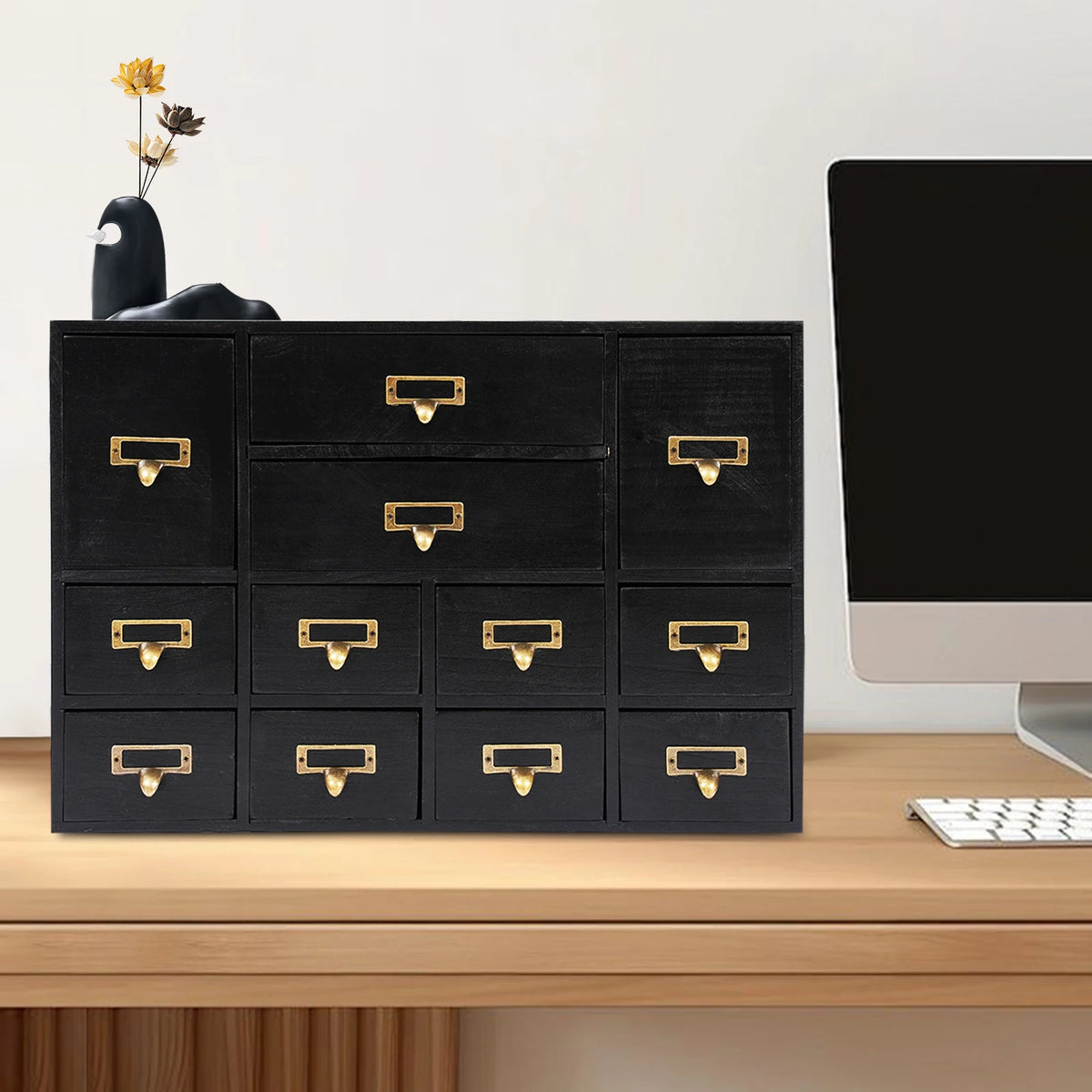 Desktop Drawer Organizer 12 Drawers, Wooden Desk Storage Box with Label Slots, Multipurpose Countertop Small Parts Cabinet, Office Craft Jewelry Art Supplies Home Counter Cosmetics Dock, No Assembly Needed, Brown/Black/Pink/B