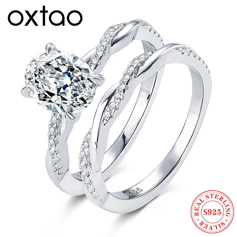 Oxtao 2CT Oval Cut Moissanite Engagement Ring Set D VVS1 Sterling Silver