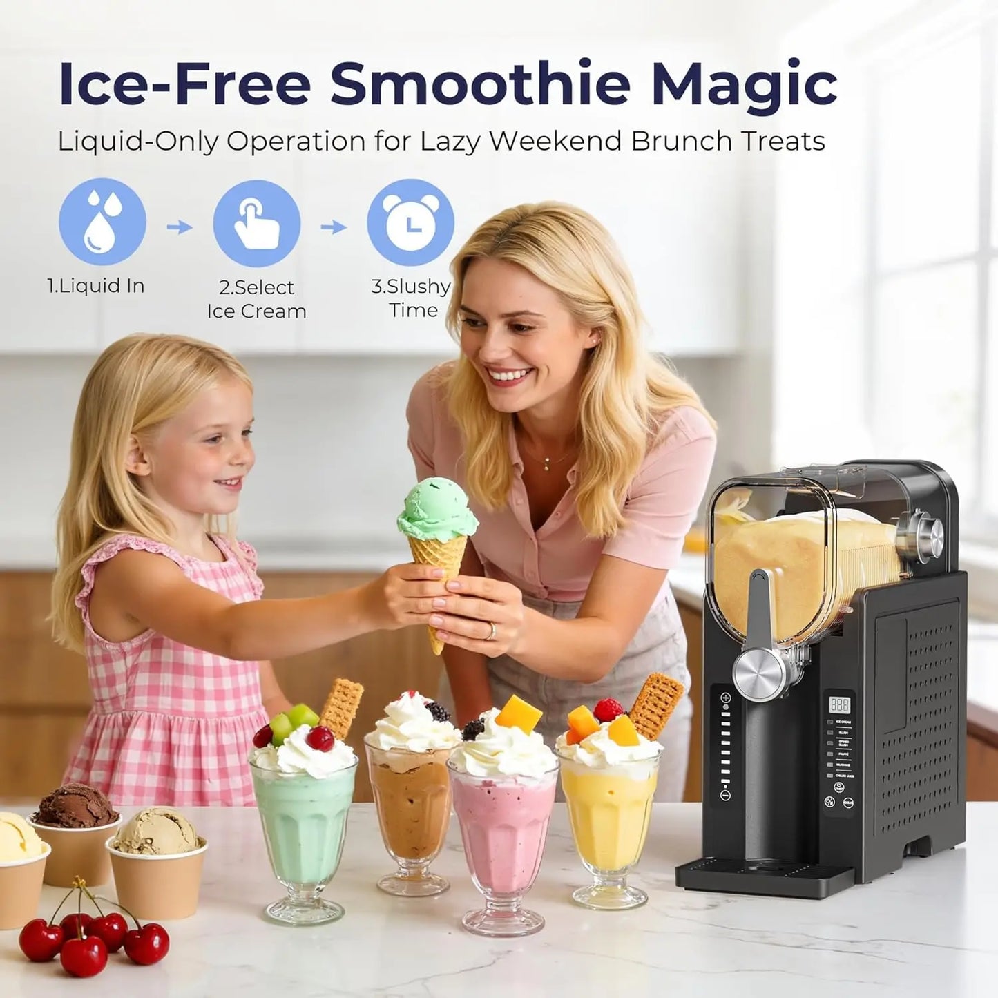 Slushie Machine, No Ice Needed Slushy Maker for Home, Real-Time Temp Display, Frozen Drink Maker with 6 Preset Programs for Ice