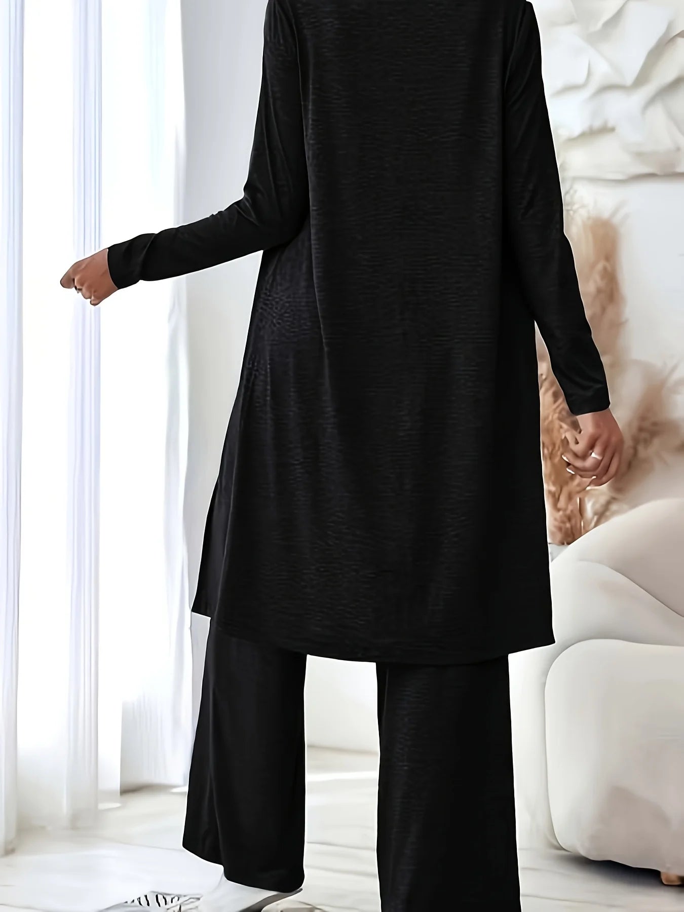 Plus size women's lazy loungewear knit 3-piece set; mixed color textured tank top, long cardigan, high-waisted pocket wide-leg pants loose set