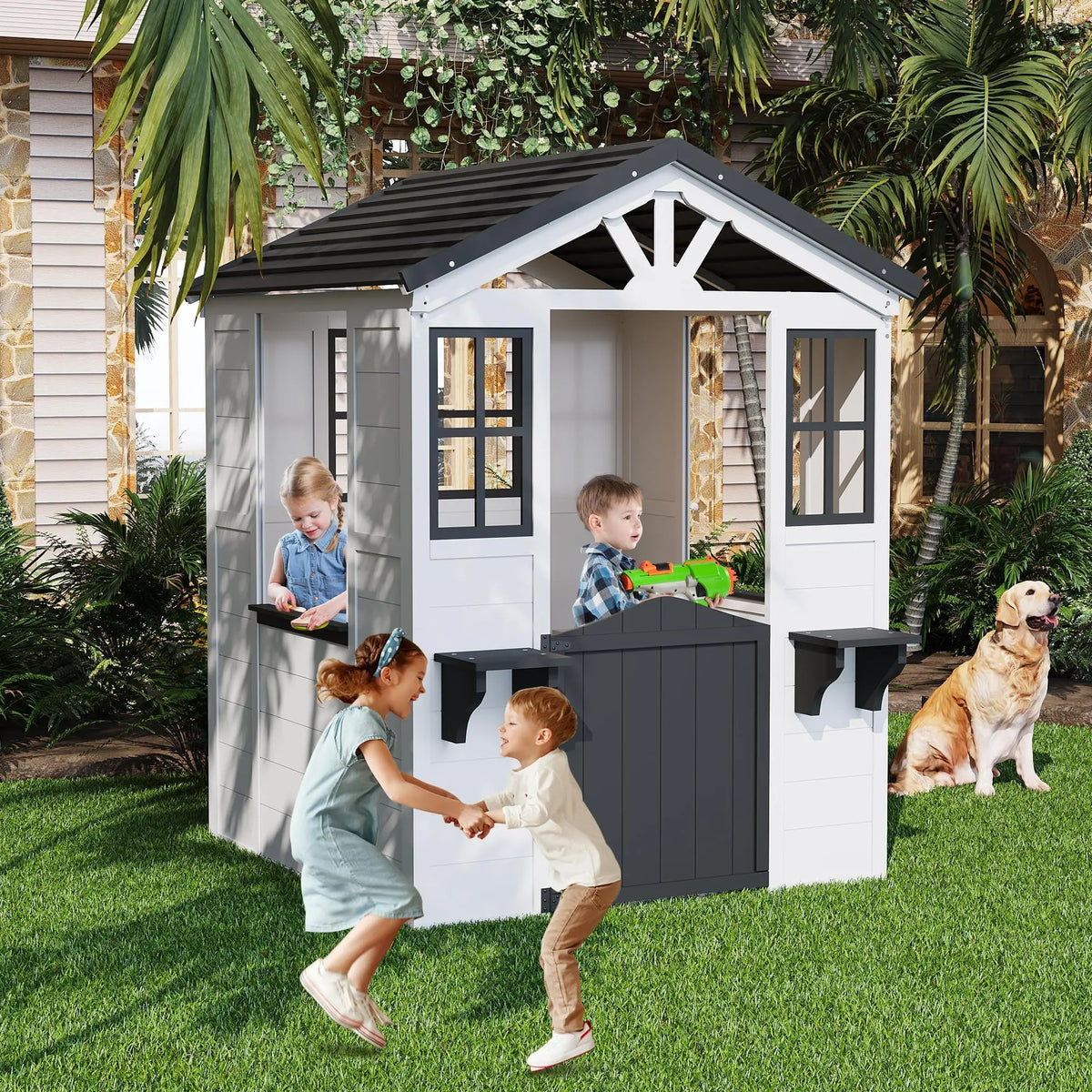 Fir Wood Kids Outdoor Playhouse With Pretend Kitchen and Flower Boxes