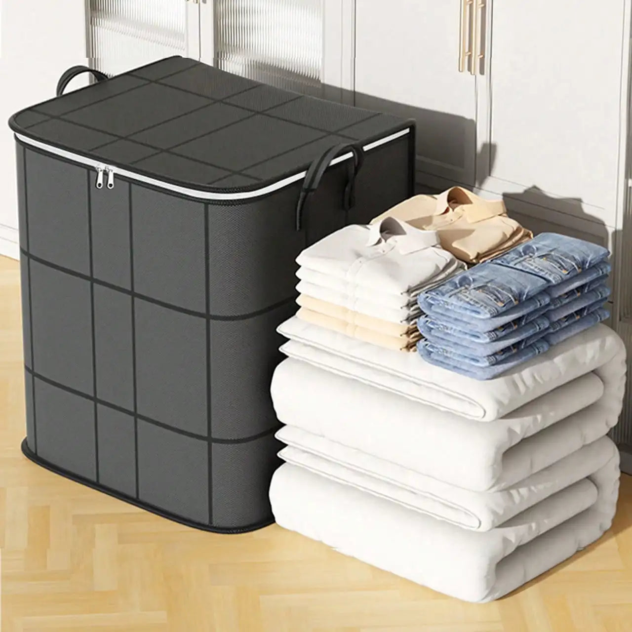 1pc Large Capacity Foldable Clothes Storage Bag, Home Goods, Blanket Dust Cover Bag, 3D Storage Bag, Bedroom Wardrobe Clothing Organizer, Easy To Fold, Space Saving, High Quality Fabric,
