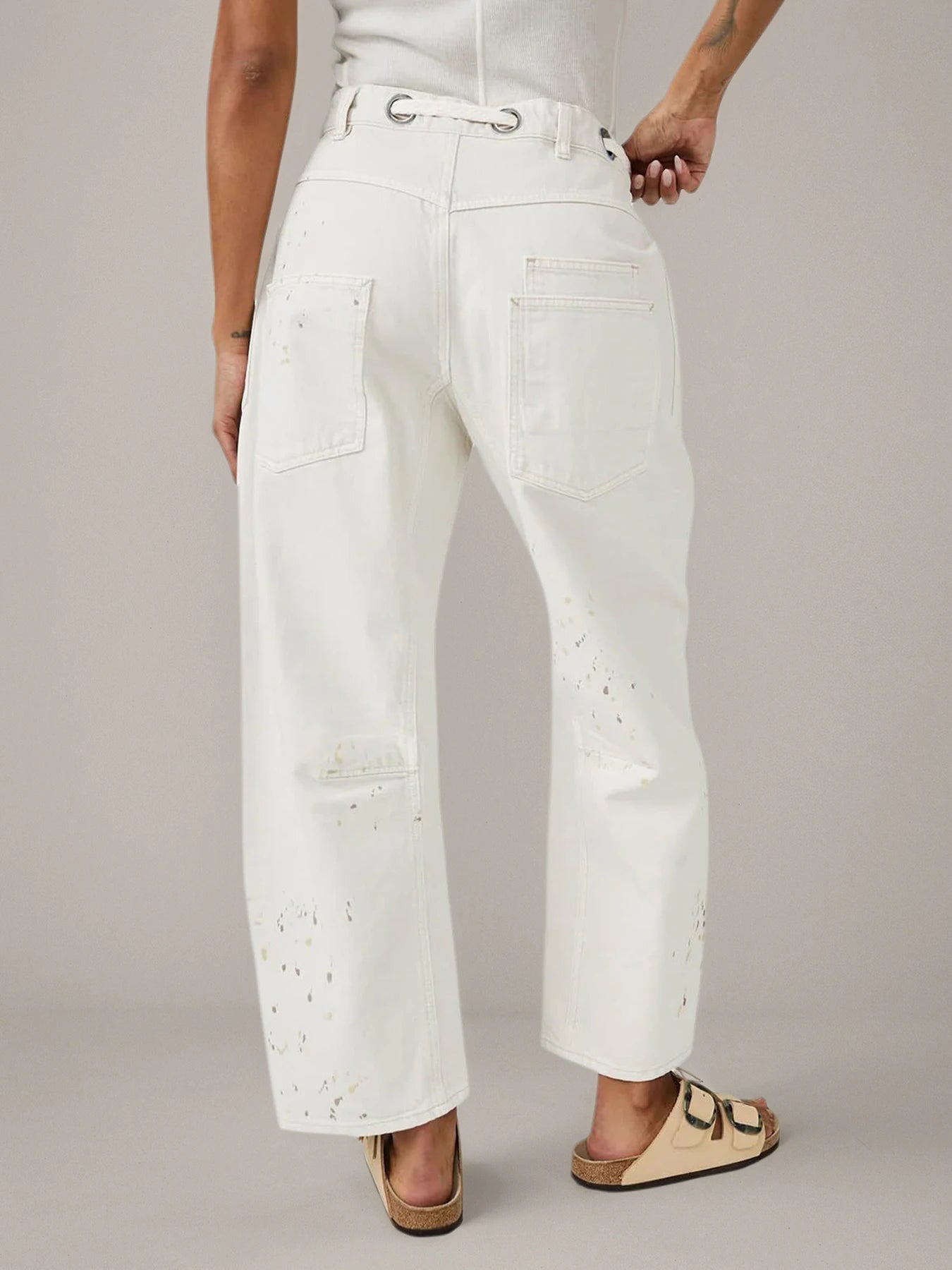 Women's White Loose Straight Leg Spliced Wide Leg Jeans with Drawstring and Pocket, Fashionable Casual Jeans Suitable for Daily