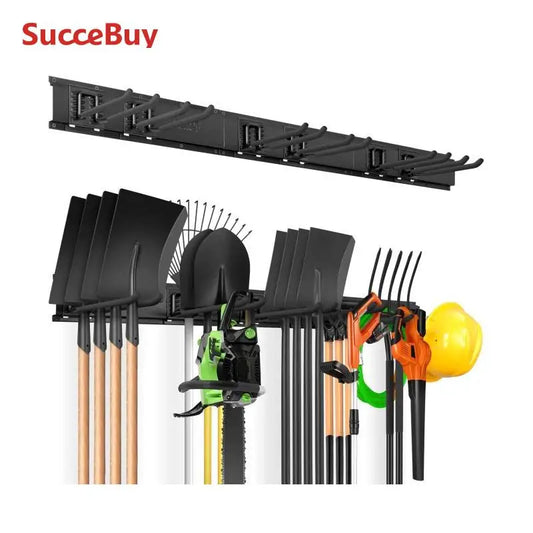 SucceBuy Garage Tool Organizer Wall Mount Yard Garden Heavy Duty Storage Rack W/ Adjustable Hook Rails for Shovels Trimmers Hose