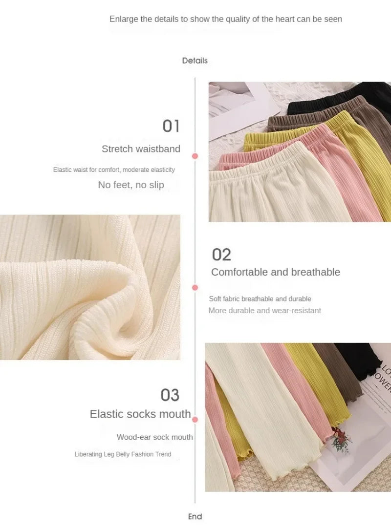 Children Summer Solid Color Thin Ribbed Knit Flared Pants Girls Casual Trousers Korea Fashion Pants Girl Princess Style Capris