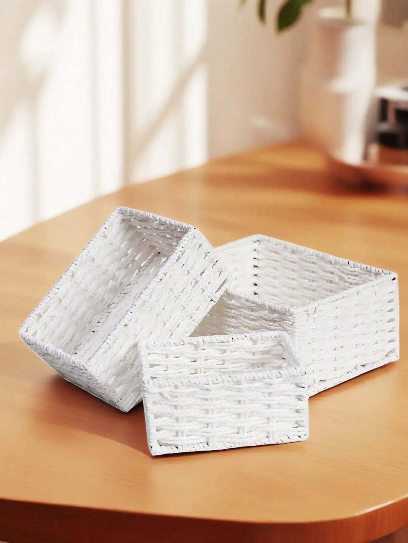 1pc/3pcs Desktop Storage Box, Handmade Rattan Woven Organizer Tray For Cosmetics, Keys, Snacks, Home Living Room, Bedroom, Study, Office, S/M/L Sizes Available,For Back To School