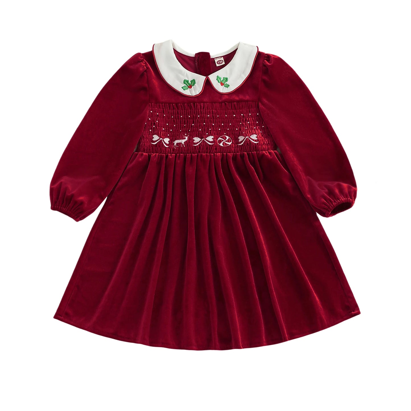 Little Girl Velvet Christmas Dress Reindeer Bow Holly Embroidered Smocked Long Sleeve Doll Collar Dress Cute Winter Clothes
