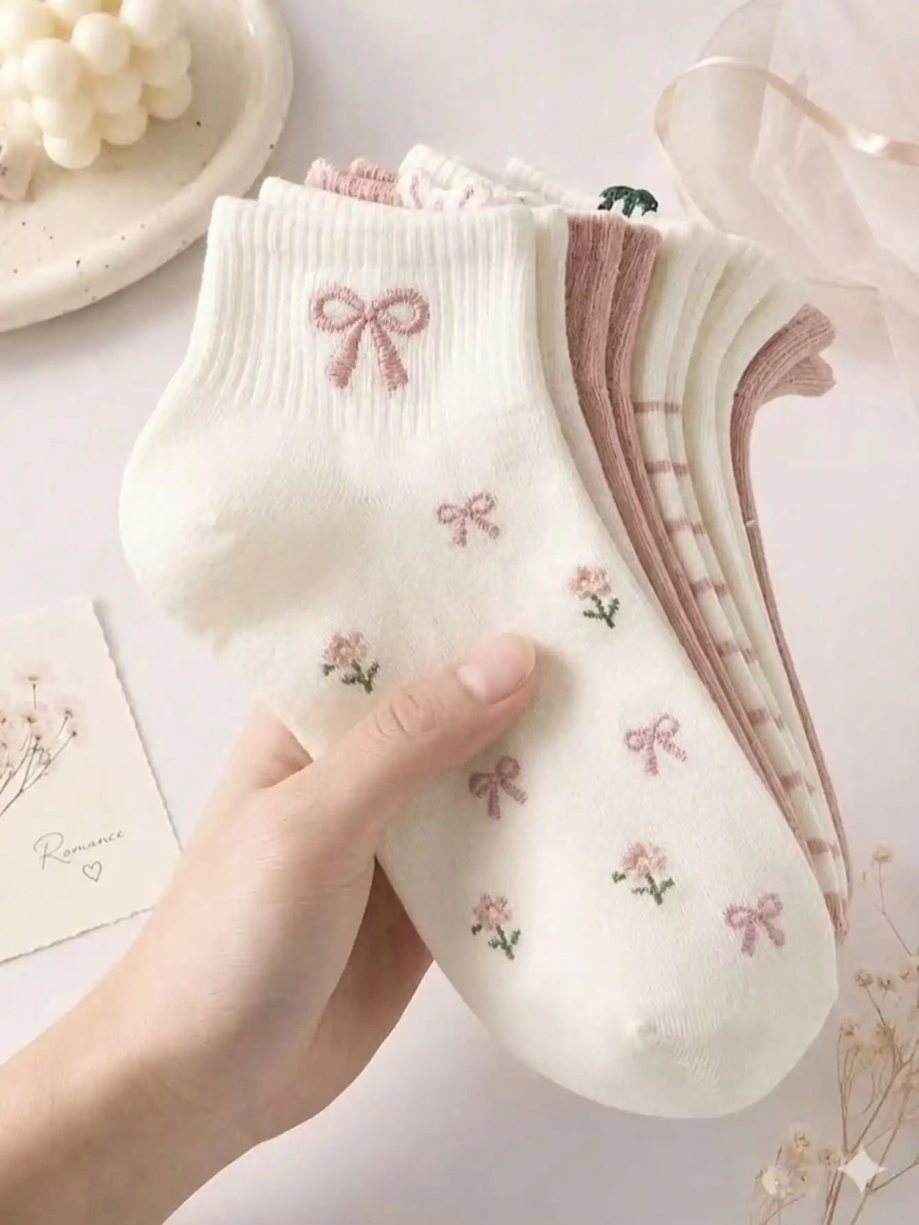 5 Pairs Women's Cute Bow & Floral Pattern Short Socks, Fashionable College Style, Comfortable & Breathable, Versatile For Daily, Sports, Casual Wear, Suitable For Spring, Summer, Autumn