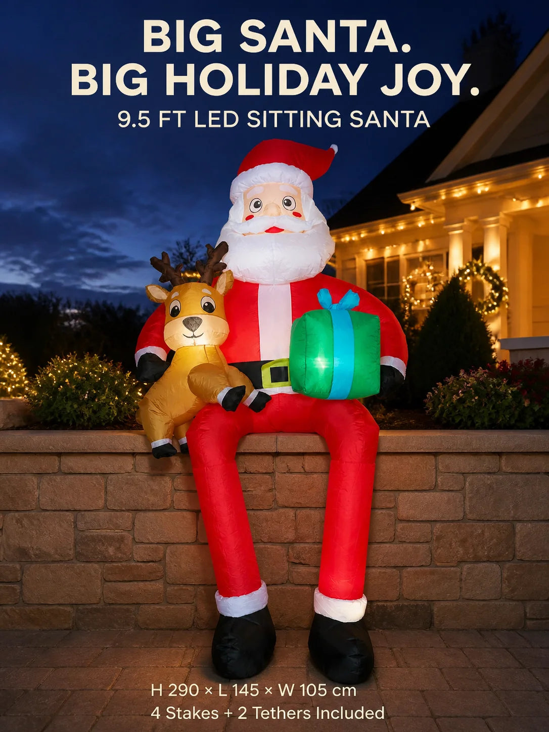 9.5ft Sitting Santa Claus Xmas Holiday Decoration Inflatable Sitting Santa Placed on the Roof Ledge Giant Reindeer Toy with LED Lights Home Ornament Gifts Supplies for Kids Blow up Yard Decorations for Roof Party Garden Lawn