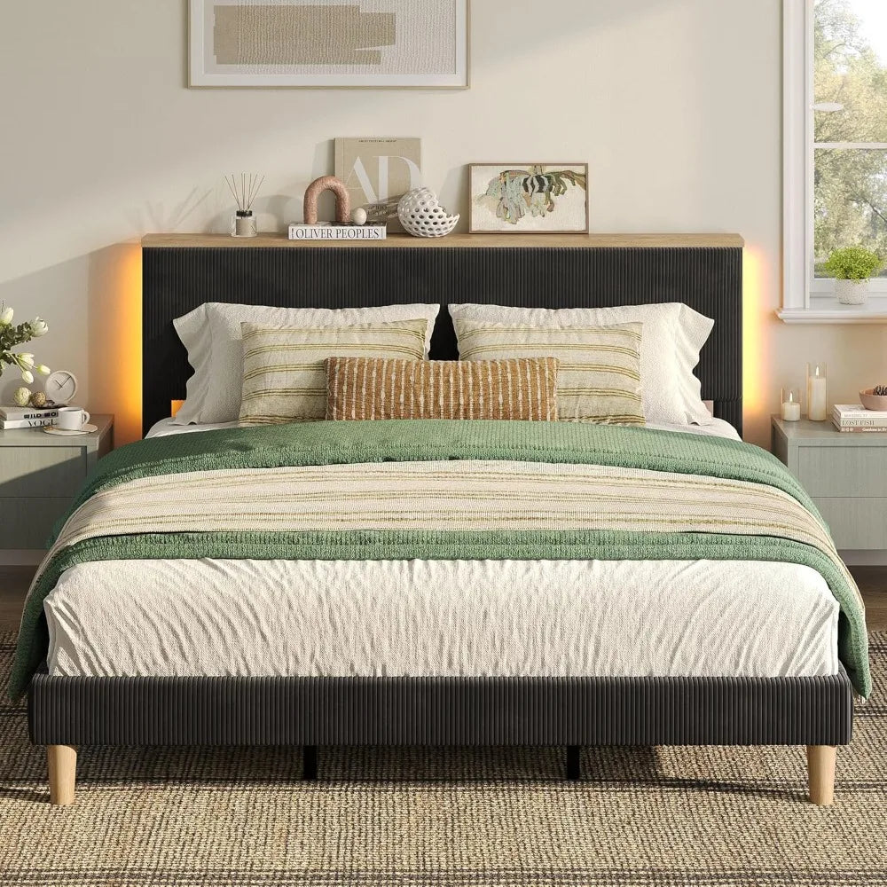 King Bed Frame with Adjustable Headboard & LED Lighting, Corduroy Upholstered Platform Bed Frame with Storage Shelf