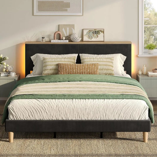 King Bed Frame with Adjustable Headboard & LED Lighting, Corduroy Upholstered Platform Bed Frame with Storage Shelf