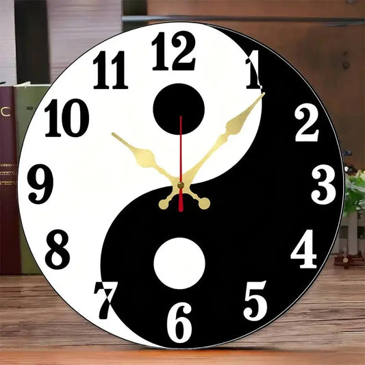 DIY 2D Flat Tai Chi Bagua Wooden Round Silent Hanging Wall Clock, Suitable For Living Room, Office, Study Room, Bedroom, Home Decoration