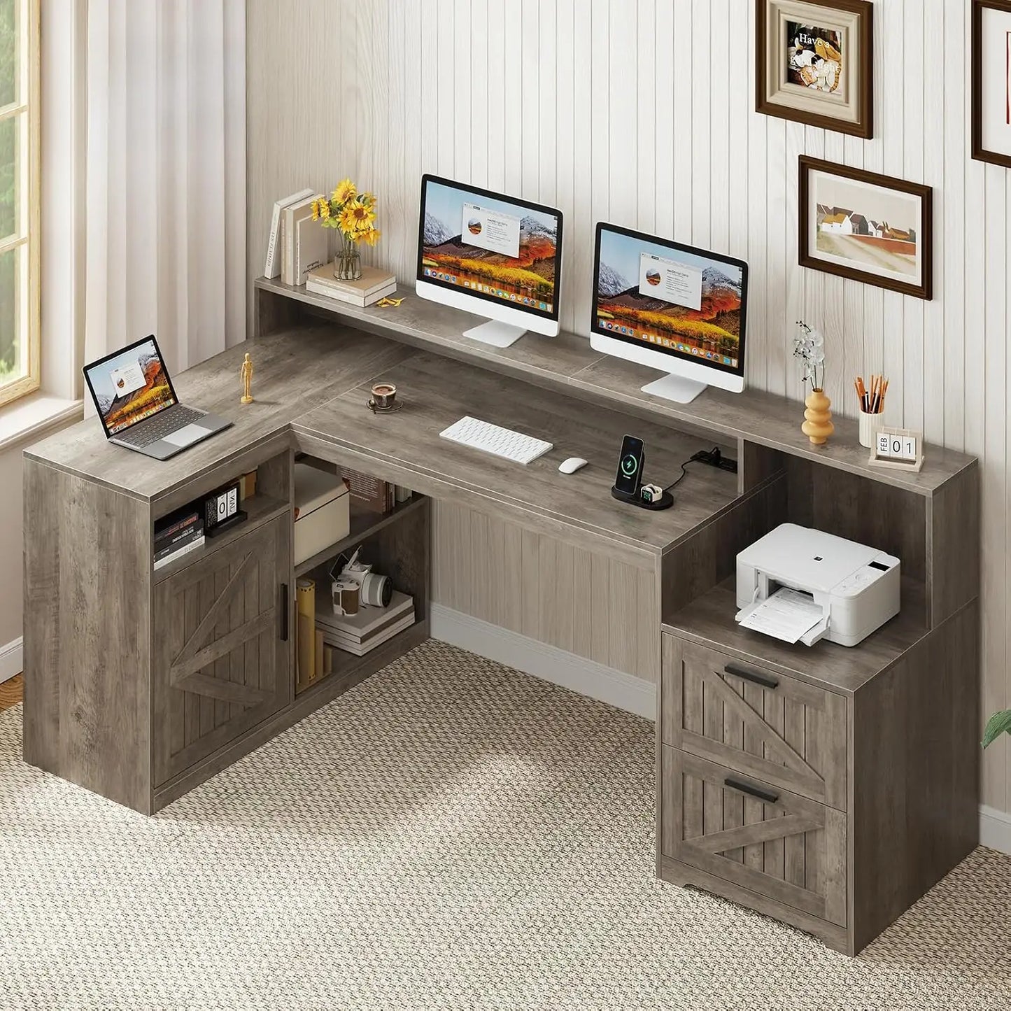 62.2" Farmhouse L Shaped Home Office Desk, Drawers, Storage Shelves & Power Outlet, Custom