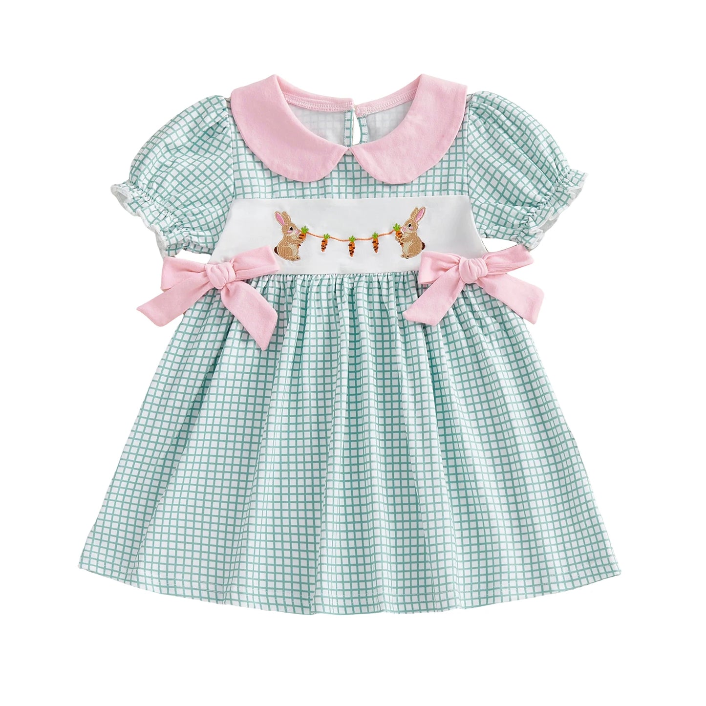 Adorable Baby Girl Easter Dress with Plaid Rabbit Carrot Embroidery Doll Collar and Bubble Sleeves for a Cute Look