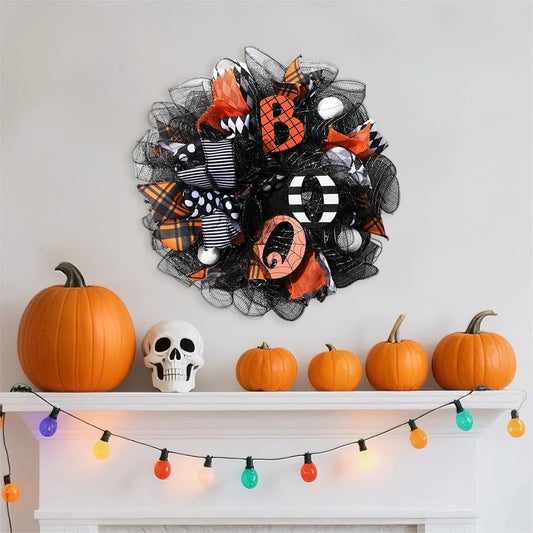 Spooky Halloween Wreath with LED Lights Festive Indoor Outdoor Decorative Garland for Front Door Party Decorations