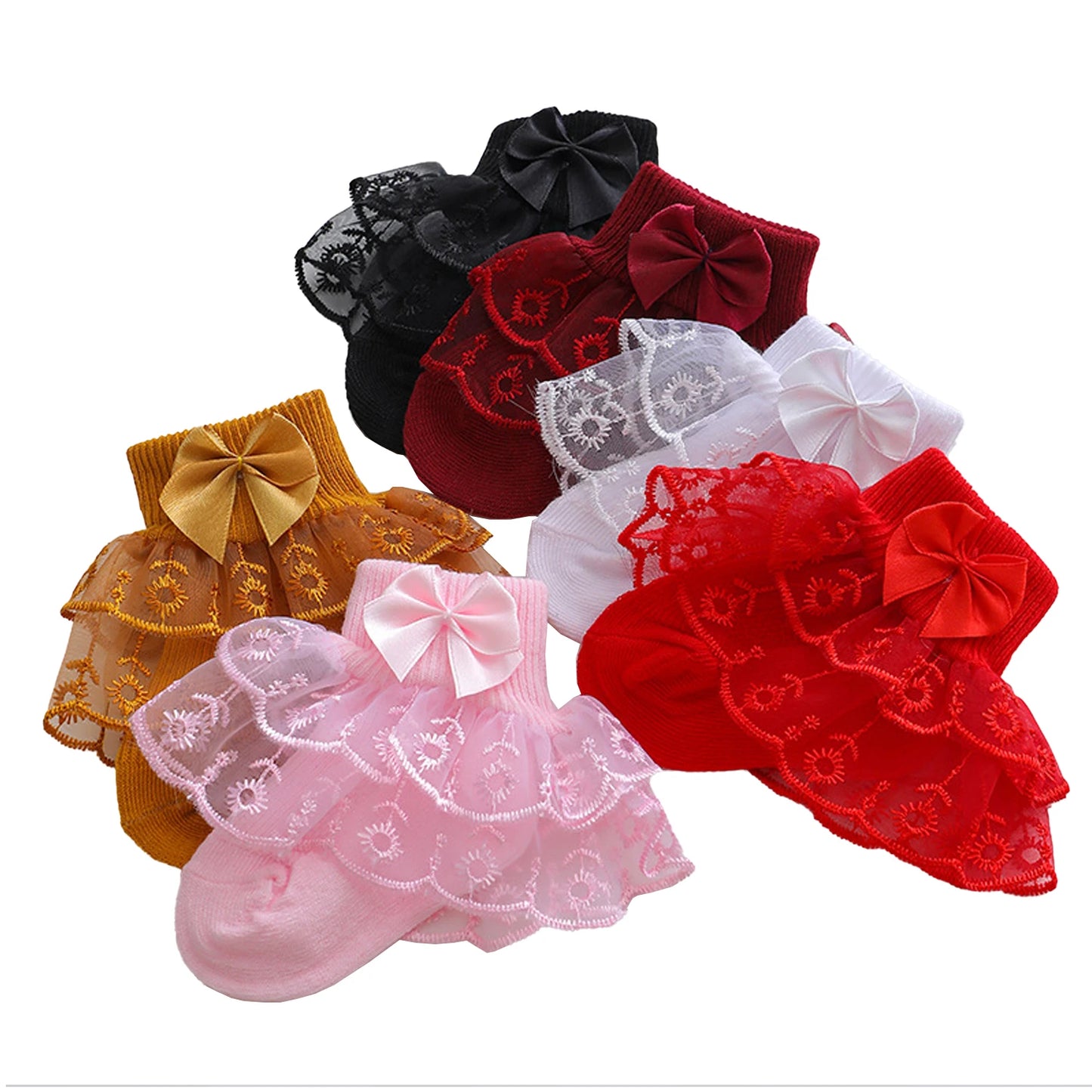 6 pairs of baby girl mid-calf socks with lace ruffle trim, breathable and comfortable lace socks, cute princess socks