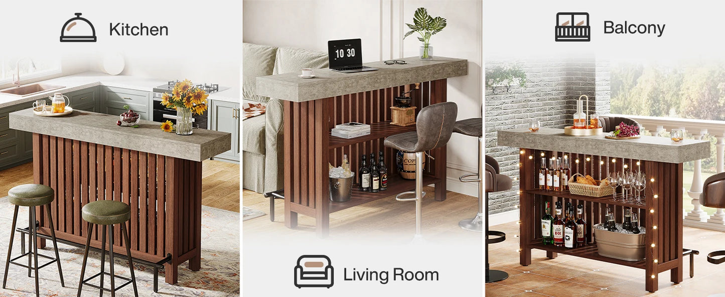 LITTLE TREE 63-Inch Large Home Bar Unit,2-Tier Kitchen Island Mini Bar Height Pub Table with Footrest, Modern Coffee Bar Cabinet