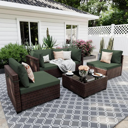 5 Pieces Patio Furniture Sets, Wicker Conversation Couch for Decks, Backyards, Gardens, Brown Rattan, Outdoor Sectional Sofa